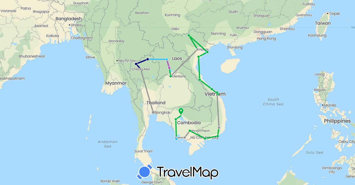 TravelMap itinerary: driving, bus, plane, train, boat in Cambodia, Laos, Thailand, Vietnam (Asia)
